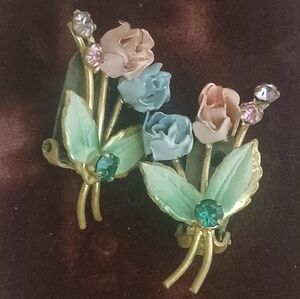 Austria Vintage Earrings Floral Pastel With Green Jewels